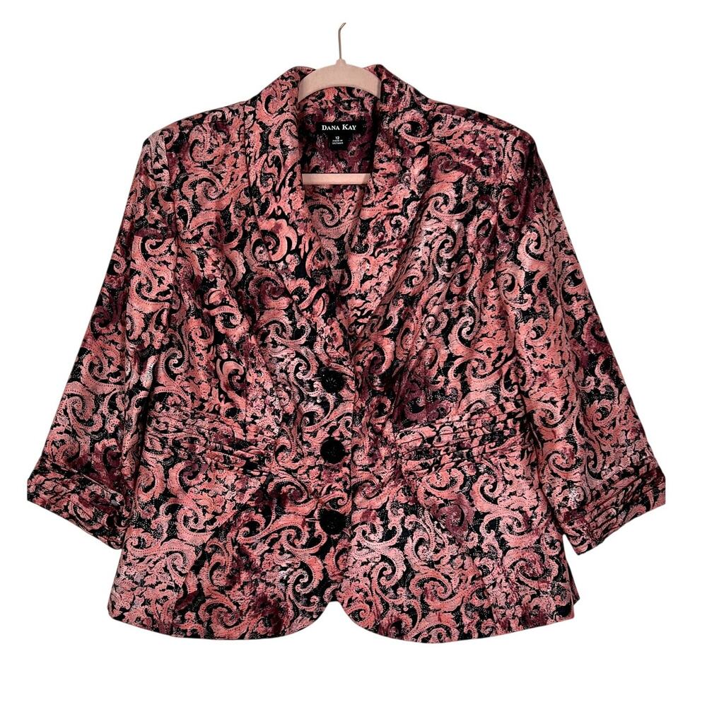 Dana Kay Pink Black Paisley Design 3/4 Sleeve Closure Lightweight Blazer Size 12